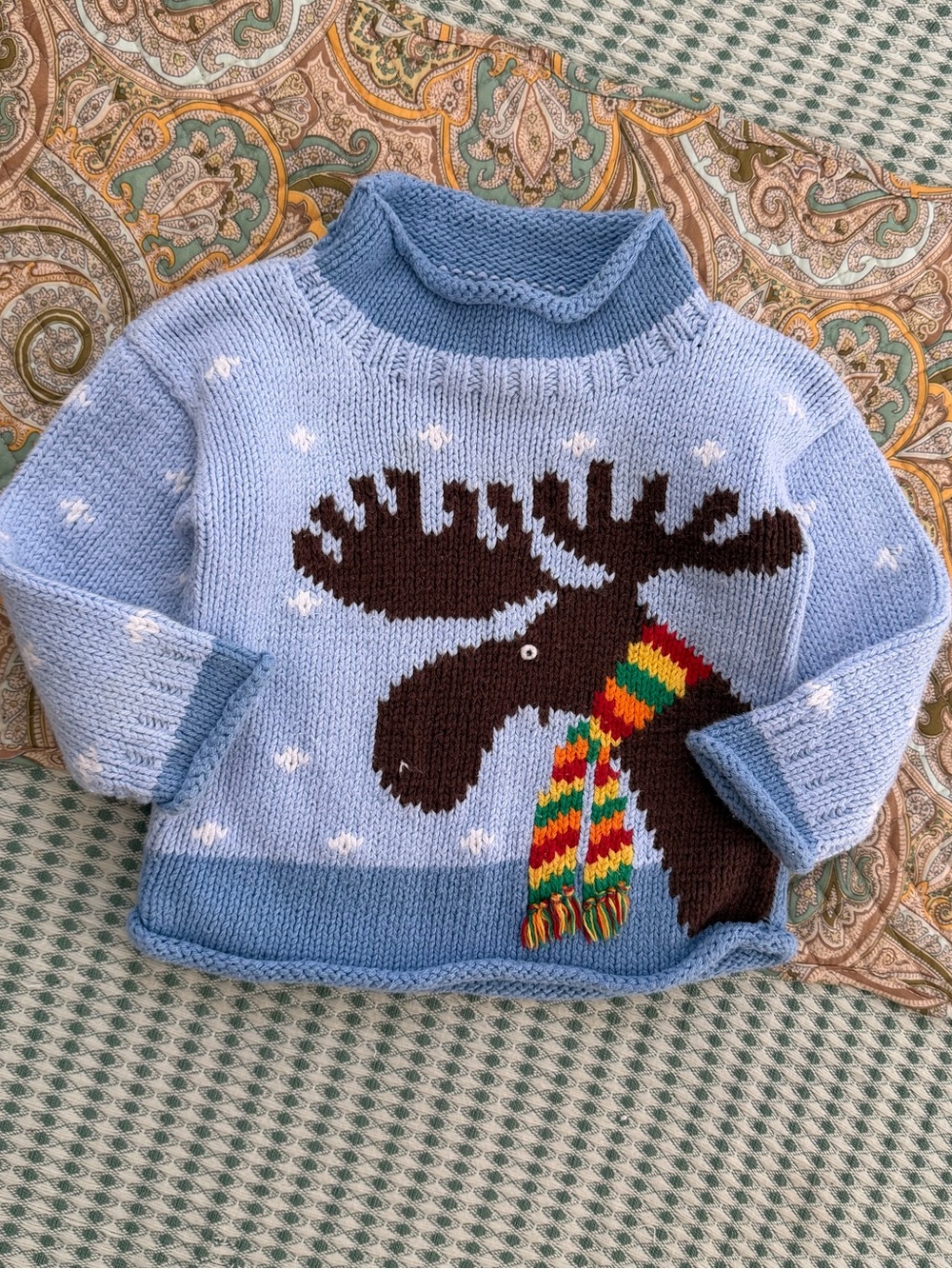 Vintage 90s Claver Moose Motif Knit Sweater Blue Turtleneck 12 Months Baby Boy
